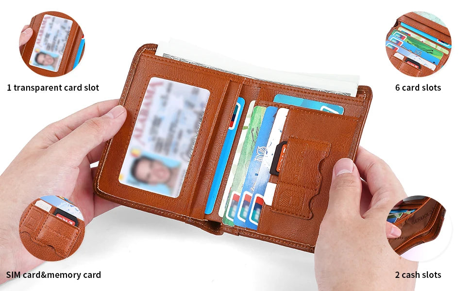 GERUOLA Cartera delgada de cuero genuino con protección RFID para hombre, tarjetero multifuncional para identificación y tarjeta de crédito, color marrón oscuro con adornos