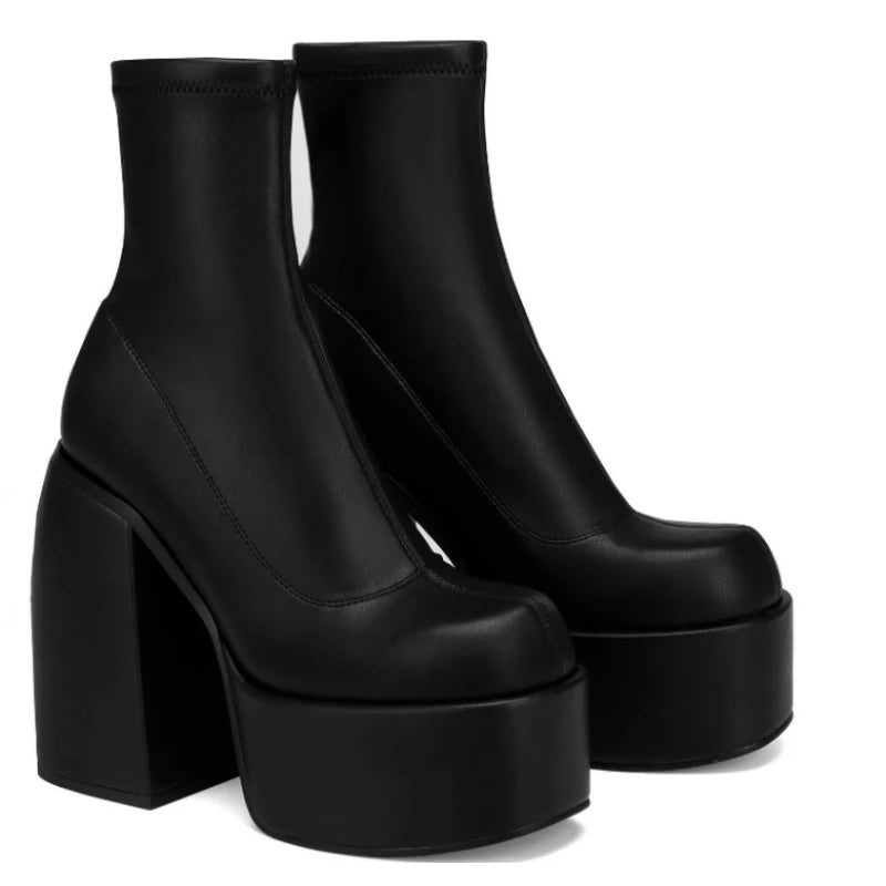 Botas modernas con tacones de plataforma para mujer, botas de cuero con punta redonda, tacones gruesos, zapatos de tacón de bloque de diseñador con cremallera, zapatos informales a la moda para chicas