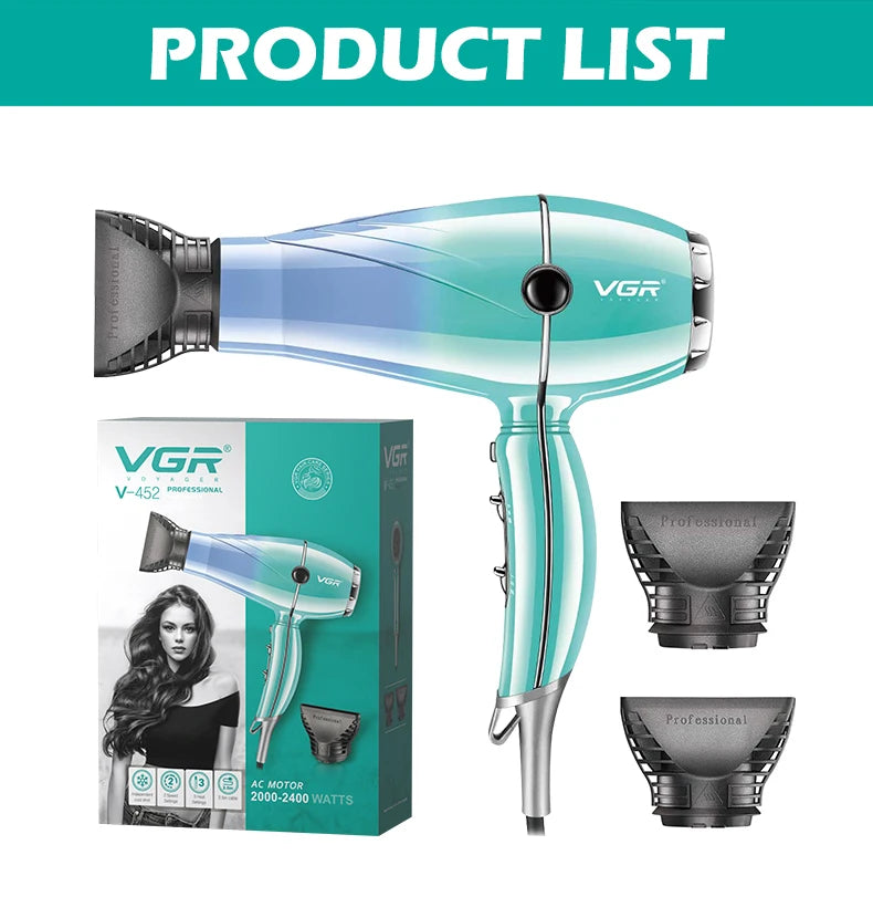 VGRV-452 secador de pelo profesional para el cuidado del cabello 2000-2400W súper fuerte energía eólica dormitorio hogar iones negativos cuidado del cabello estilo viento