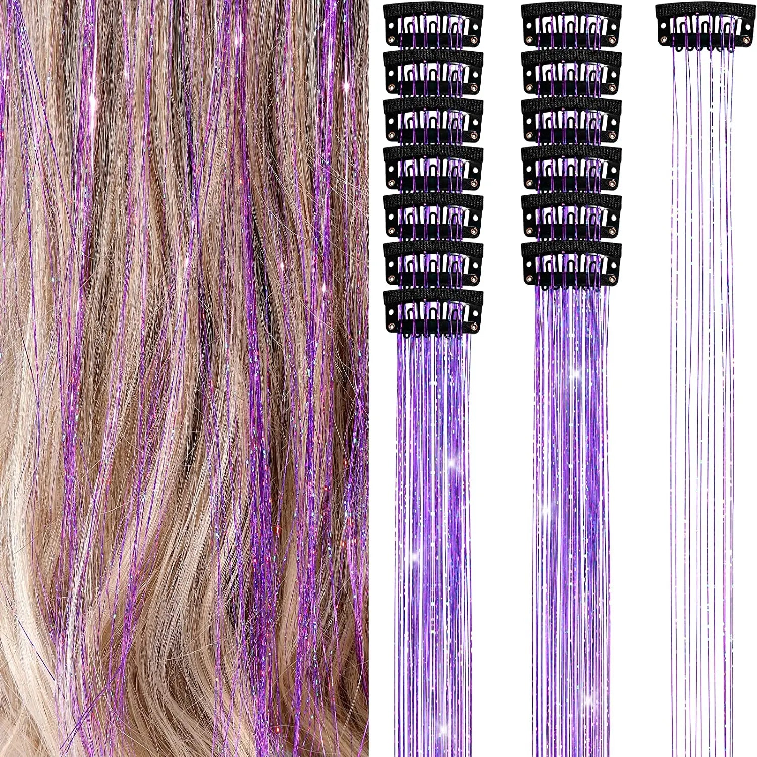 6 uds 50cm chispeantes pelo brillante oropel extensiones de cabello oropel extensiones de Clip de pelo sintético mujeres para tocado trenzado