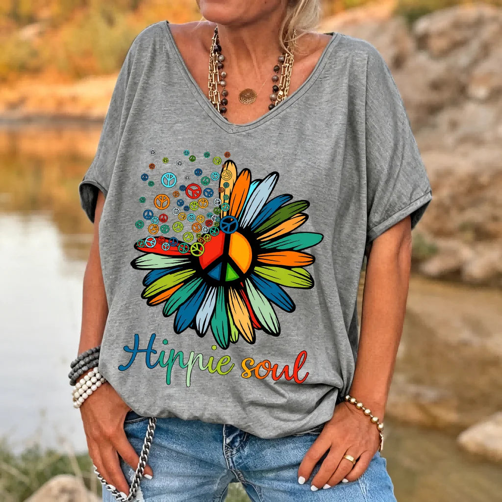 Camiseta Ilstile Hippie Soul Peace Daisy para mujer, estilo retro bohemio con estampado floral, cuello en V, manga corta, corte holgado, informal, para verano.