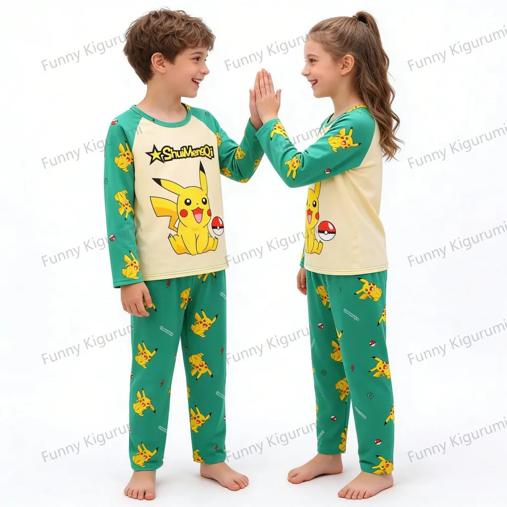 Pijamas de dibujos animados para niños de 3 a 5, 7, 9, 11 y 13 años, conjuntos de ropa para el hogar para niños, pijamas de Pikachu de manga larga para niñas, ropa de descanso para adolescentes