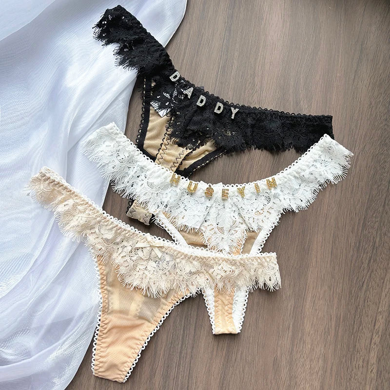Tangas personalizadas para mujer, tanga con nombre de letra de cristal y espalda en T, Tanga Sexy de encaje personalizado con nombre, ropa interior, bragas