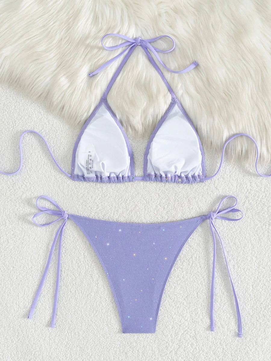 Bikini brillante con tiras y cuello Halter, Bikinis de corte alto para mujer, traje de baño para mujer, conjunto de Bikini de dos piezas, traje de baño 2025