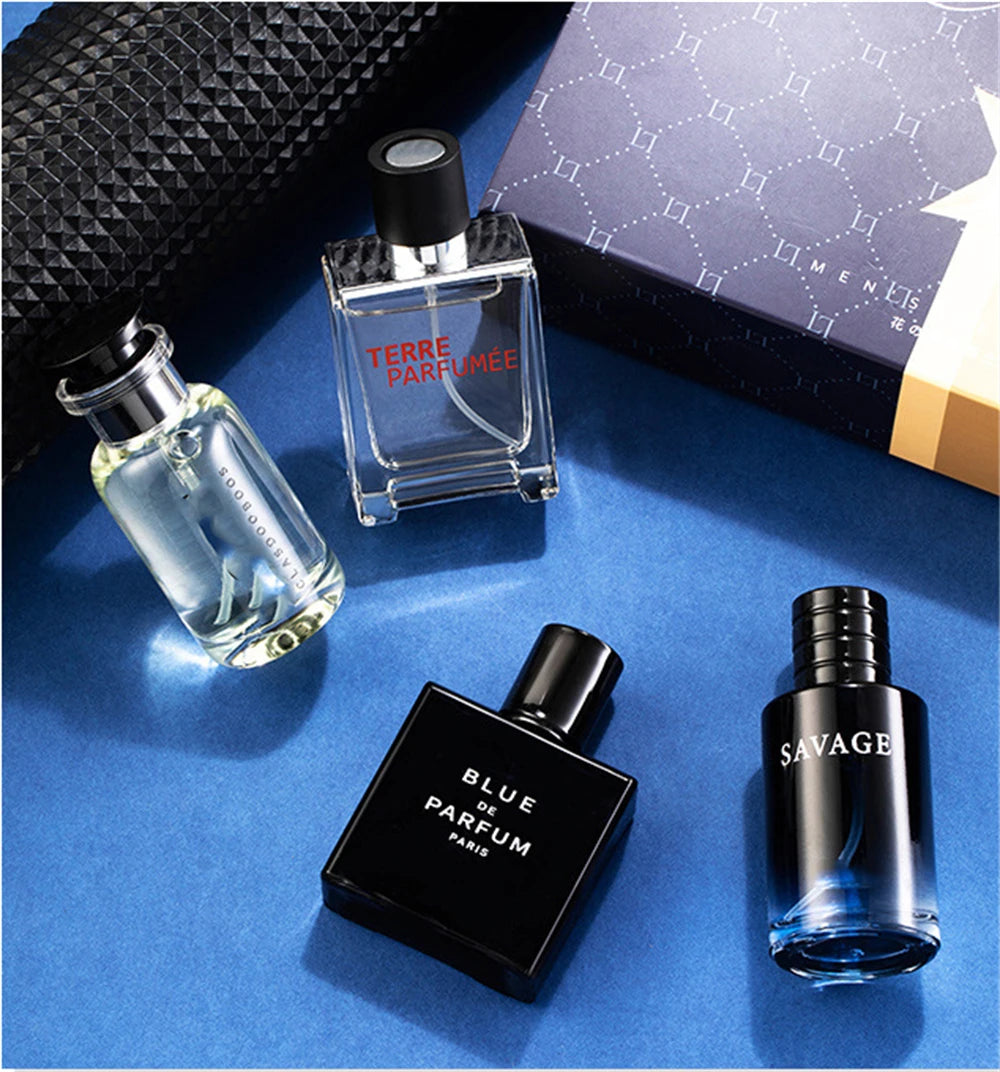 Perfume de marca de lujo para hombre, Colonia, 100ml, caja de regalo para hombre, conjunto de 4 Uds., Perfumes masculinos, Spray aromático afrutado Floral Natural
