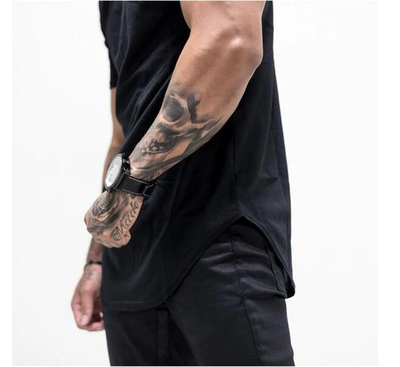 Camiseta musculosa para hombre, camisetas para gimnasio, culturismo, Fitness, Tops de algodón de retales, camiseta ajustada de malla, Camiseta deportiva de algodón de manga corta