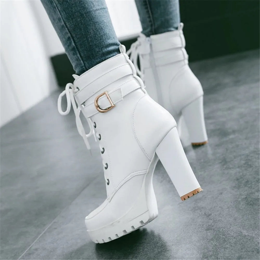 Zapatos de mujer Botas de moto Otoño Invierno Botas de mujer 2025 Botas de tobillo elegantes para mujer Plataformas de tacón alto Botas sexis con hebilla blanca
