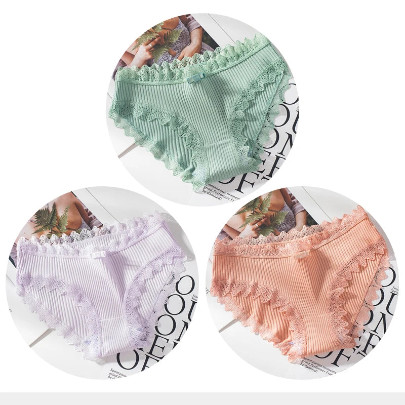 Bragas de algodón para mujer, bragas de encaje sexis, bragas de Color sólido para niñas, juego de ropa interior, ropa interior, Dropshipping 3 unids/lote