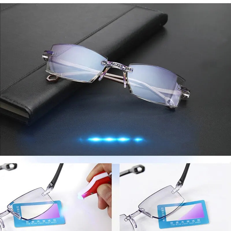 2 pares nuevos hombres mujeres gafas de lectura sin montura Anti luz azul bifocal aumento lejano gafas para presbicia + 150 + 200