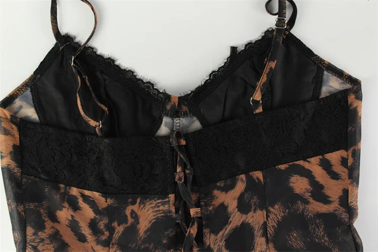 Ahagaga-Mini Vestidos sexis de leopardo para mujer, camisola sin mangas con cuello en V, lazos de encaje ajustados, ropa de calle sin espalda, Vestidos ceñidos