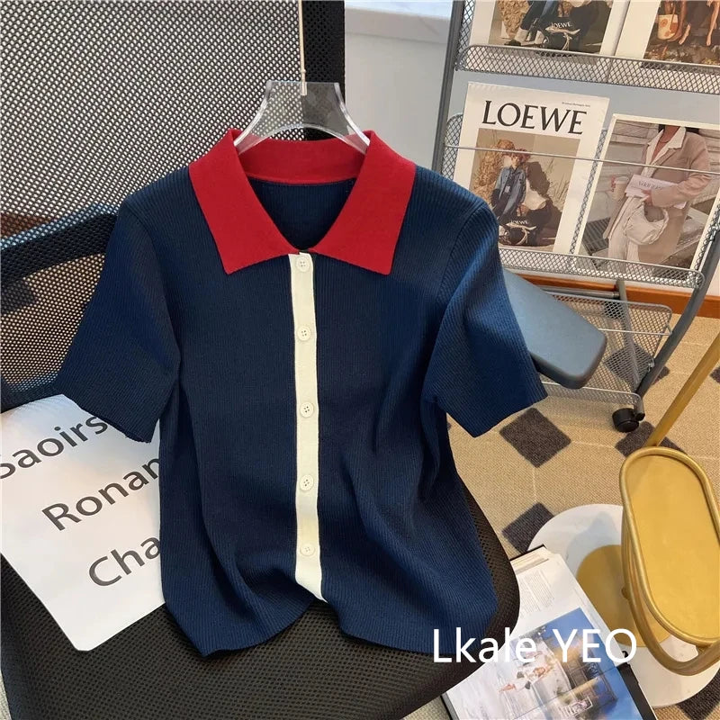 Primavera Verano 2025 diseño Sense Polo cuello mujer camiseta Casual cómoda Color contrastante Be All-match señoras Top de punto