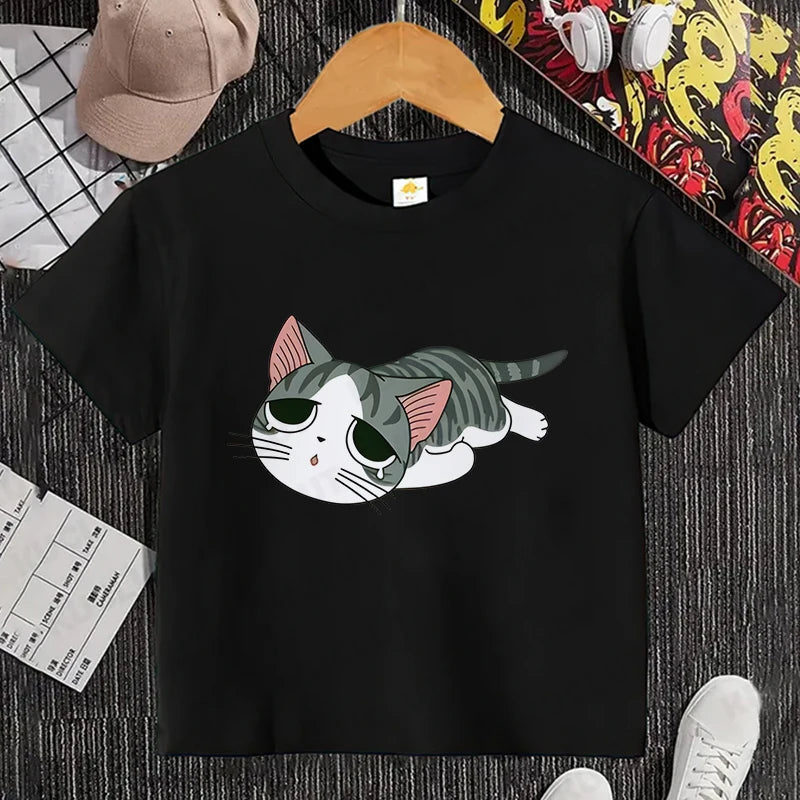 Camiseta con estampado de gato para niños y niñas, camiseta de dibujos animados, camiseta informal de manga corta, ropa cómoda y divertida para verano