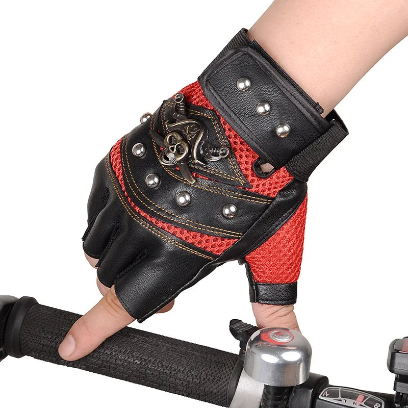 Guantes sin dedos de cuero PU de capitán pirata para hombre y mujer, manoplas con remaches de calaveras, guantes de gimnasio de Hip Hop, guantes de medio dedo para Moto femenina