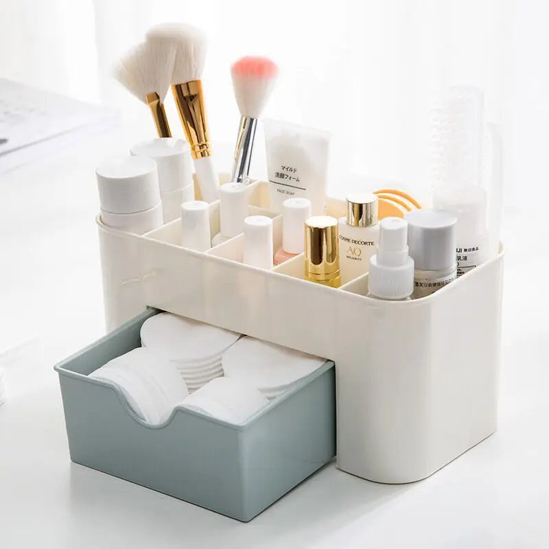 Caja organizadora de maquillaje con cajón, hisopo de algodón, estuche de almacenamiento para lápiz labial, soporte para brochas, plástico Acrílico