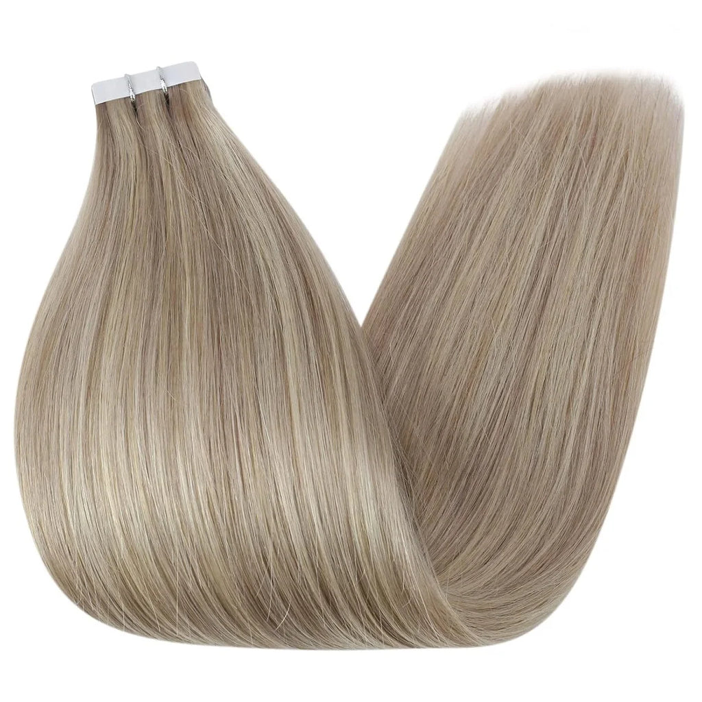 Extensiones de cabello con cinta Invisible, extensiones de cabello Remy Real para mujeres, postizos rectos de color rubio ceniza mezclado rubio platino