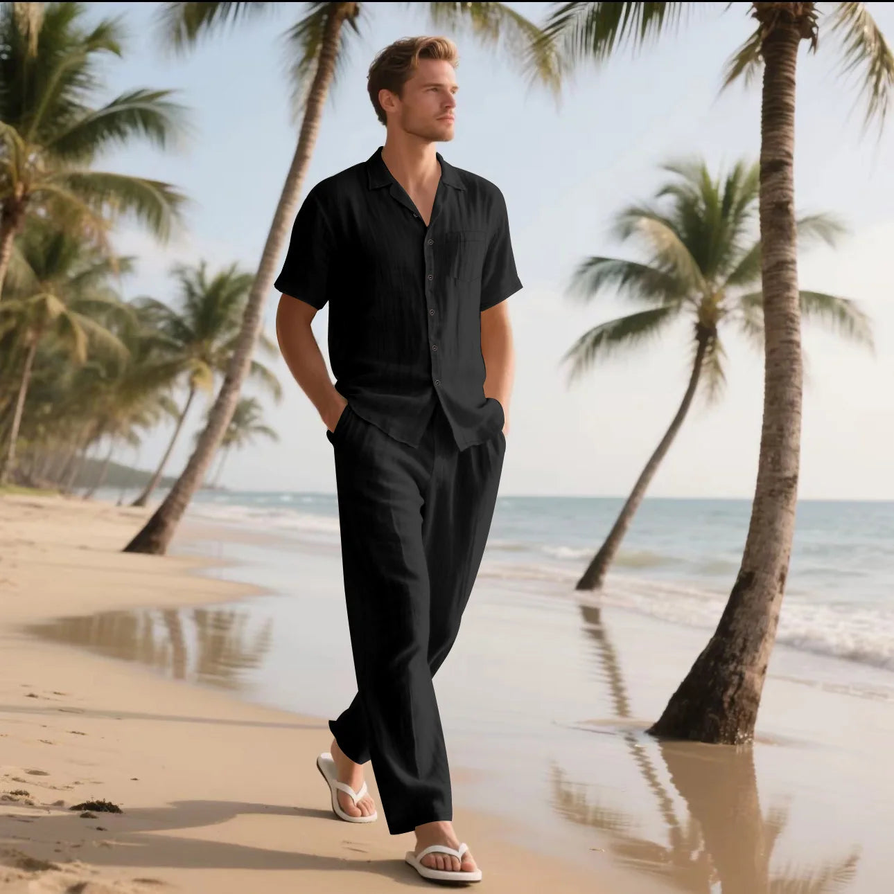 Conjuntos informales de dos piezas de lino y algodón para hombre, camisas y pantalones básicos Vintage de playa, traje informal de Color sólido, conjunto de chándales hawaianos para hombre