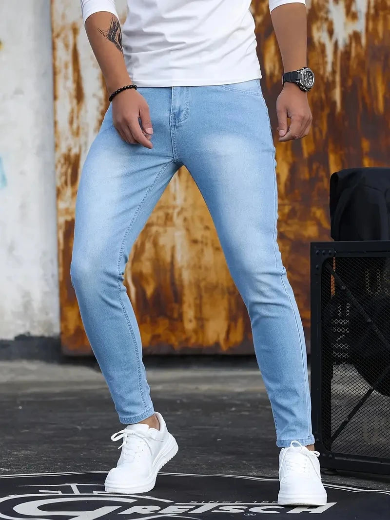 Pantalones de hombre Retro lavado cremallera pantalones vaqueros elásticos Casual pantalones ajustados pantalones de tubo de talla grande para hombre pantalones vaqueros ajustados de mezclilla para hombres