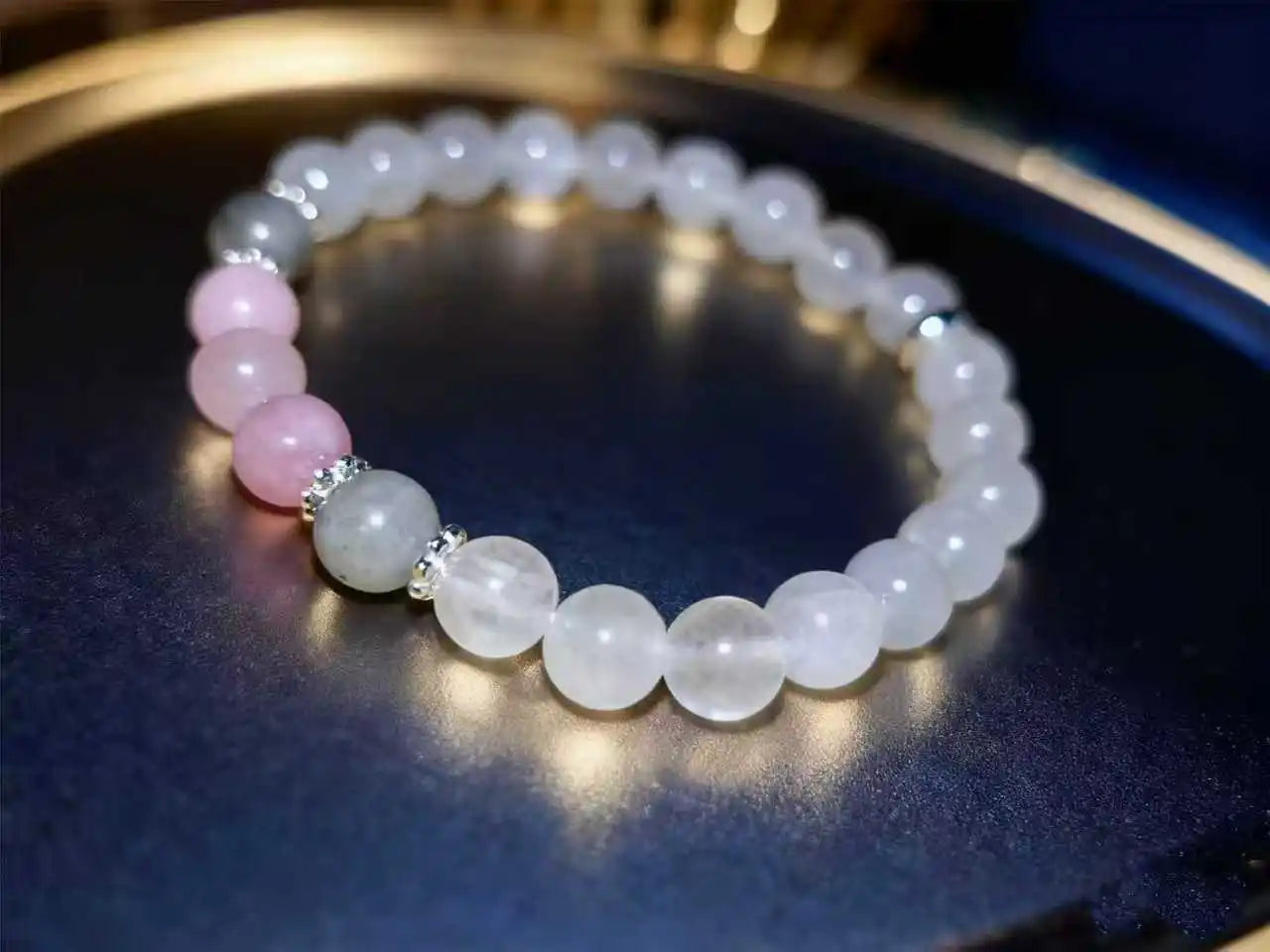 1 unidad/pulsera de jade blanco claro de luna, labradorita y cuarzo rosa calma, espiritual, nuevos principiantes, energía positiva, protección Stre