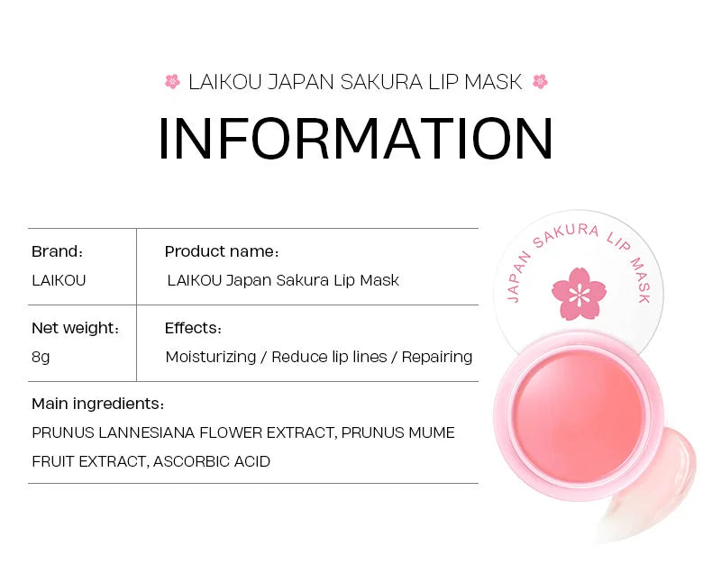 LAIKOU-mascarilla de suero labial de flor de cerezo, reparación de exfoliación de grietas secas, Reduce las líneas finas de los labios, esencia hidratante, cuidado de belleza Sakura, 8g