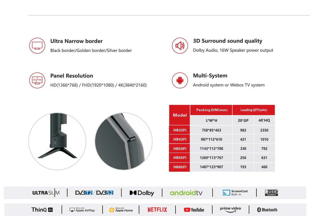 Smart TV LED con WiFi y para Bluetooth 4K UHD TV sin marco disponible en tamaños de 32 pulgadas y más grande para hoteles