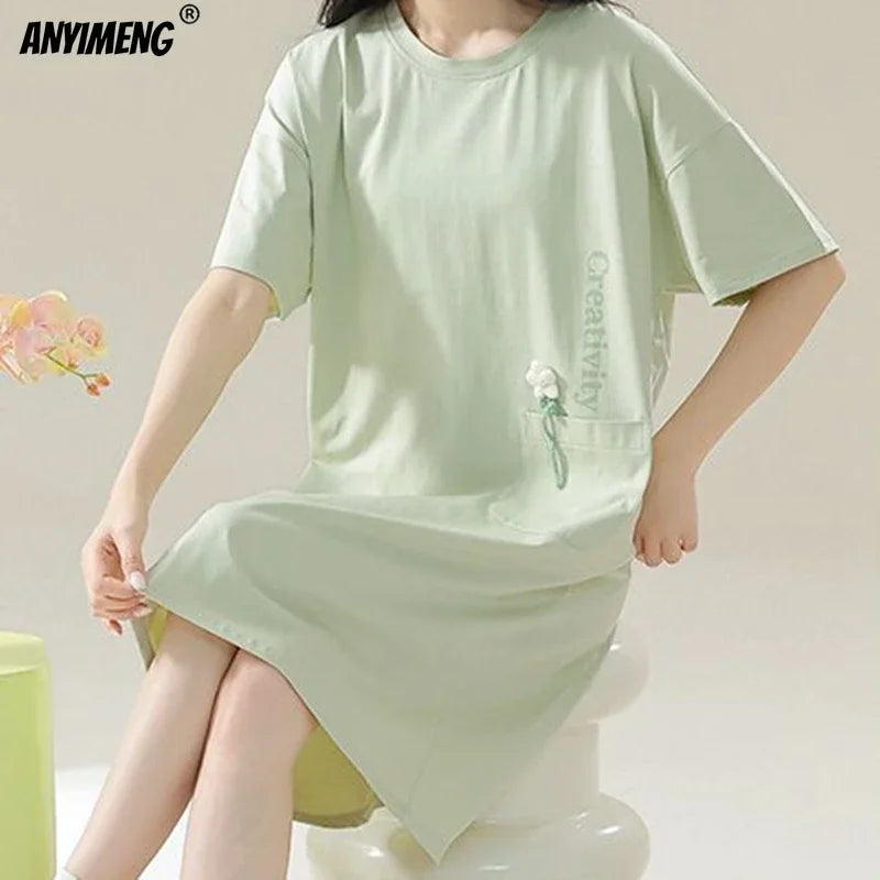 100% ALGODÓN! Camisón de verano para mujer de talla grande M-4XL, nuevo camisón antibacteriano HQ, camisón de manga corta, vestido informal
