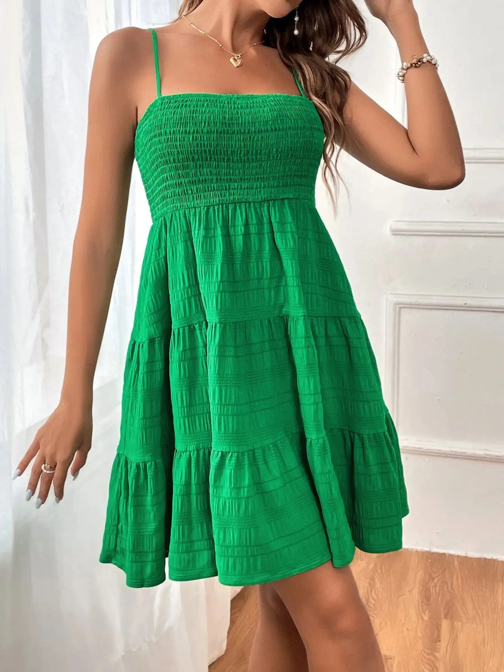 Minivestido con corpiño ahumado y tirantes finos para mujer, vestido azul con volantes escalonados, ropa informal de verano para vacaciones y playa