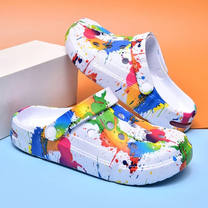 Zuecos coloridos para hombres y mujeres, sandalias, zapatillas, patrón de inyección de tinta, cojín de aire, sandalias de playa transpirables, suela gruesa para exteriores