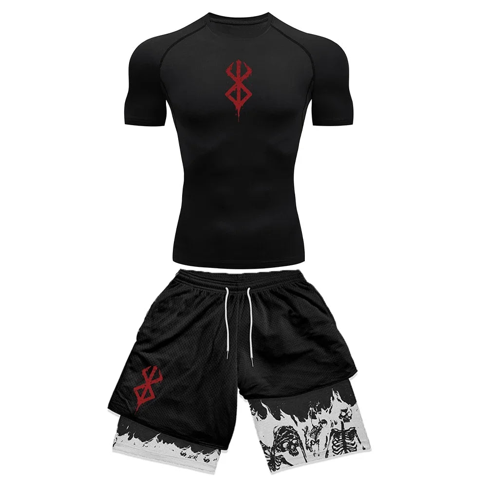 Conjunto de compresión con estampado 3D de Anime para hombre, Top de gimnasio de manga corta + pantalones cortos de entrenamiento, conjunto de protección contra sarpullidos transpirable de secado rápido