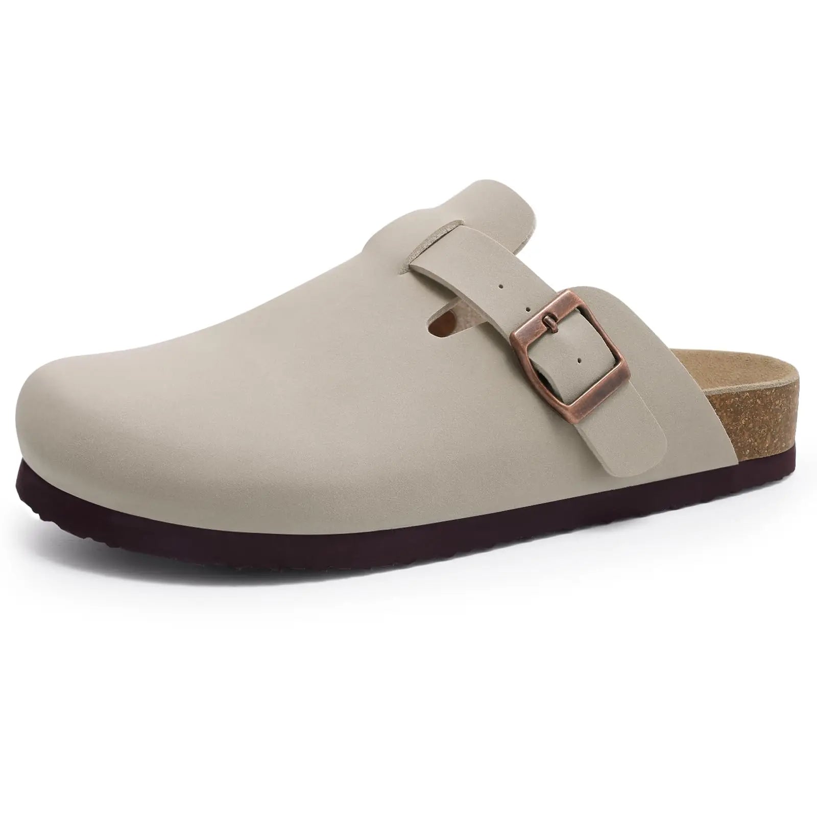 Comwarm Zapatillas tipo zuecos de ante para mujer, mulas de cuero, zapatillas planas clásicas de corcho para hombre, sandalias con reposapiés de corcho para exteriores con soporte para arco