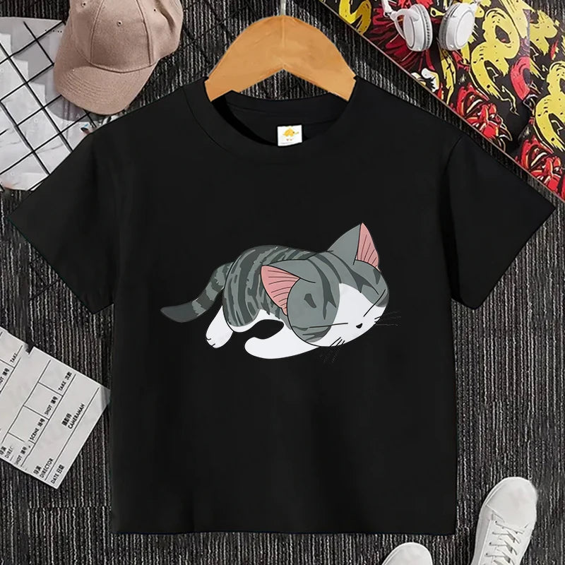 Camiseta con estampado de gato para niños y niñas, camiseta de dibujos animados, camiseta informal de manga corta, ropa cómoda y divertida para verano