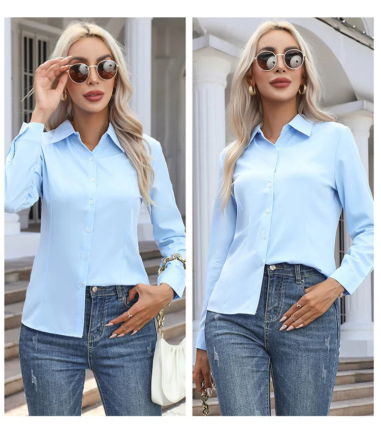 Blusa Elegante de Gasa con Botones para Mujer, Camisa Informal de Manga Larga con Cuello Camisero para Primavera y Verano, Blusa Tipo Túnica para Oficina