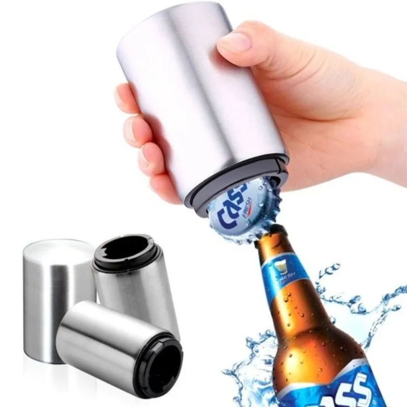 Abridor automático de botellas de cerveza de acero inoxidable, tapa de empuje sin curvatura, fácil de abrir para botellas de vidrio de cerveza y refresco, abridor de cocina