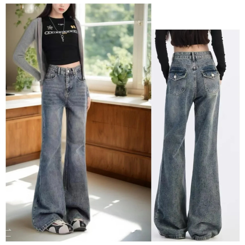 Jeans de Cintura Alta para Mujer, Estilo Retro Americano, Pantalones Vaqueros Casuales, Estilo Chica Moderna, Pantalones Largos Versátiles para Uso Diario