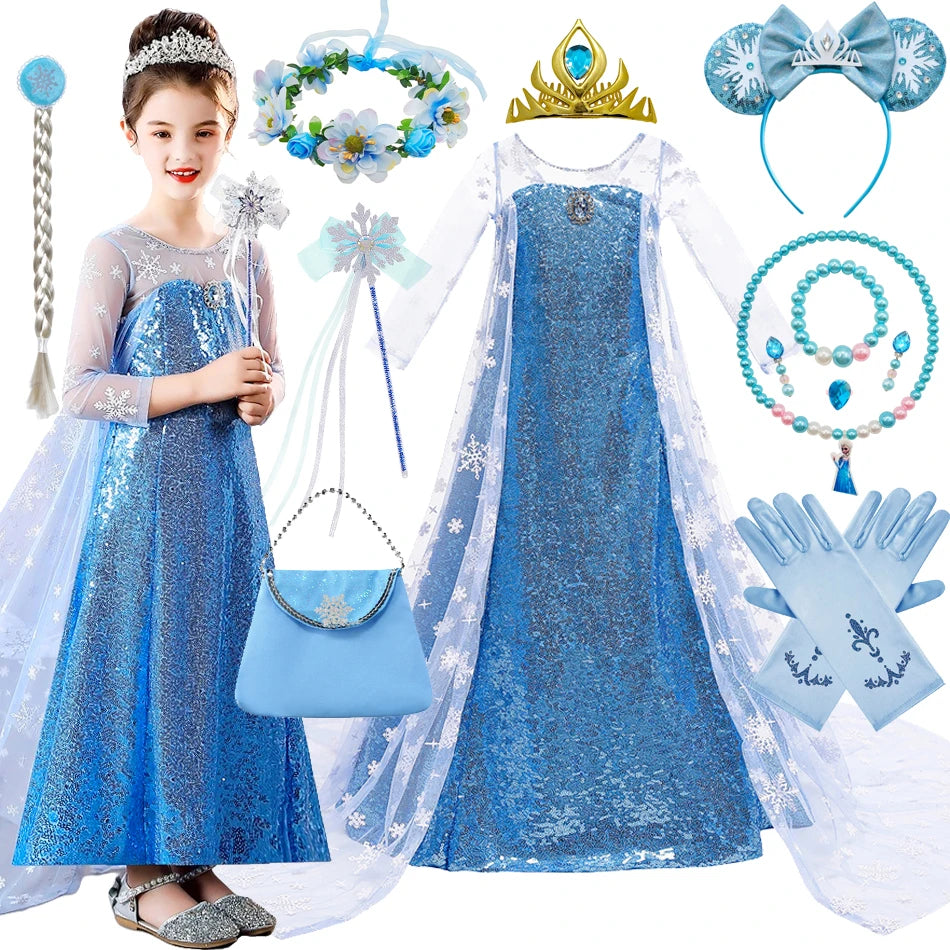 Vestido de Elsa para niñas, disfraz de Reina de la nieve, vestido de princesa para niños, Cosplay, fiesta de cumpleaños, ropa para niños, trajes de Carnaval y Pascua