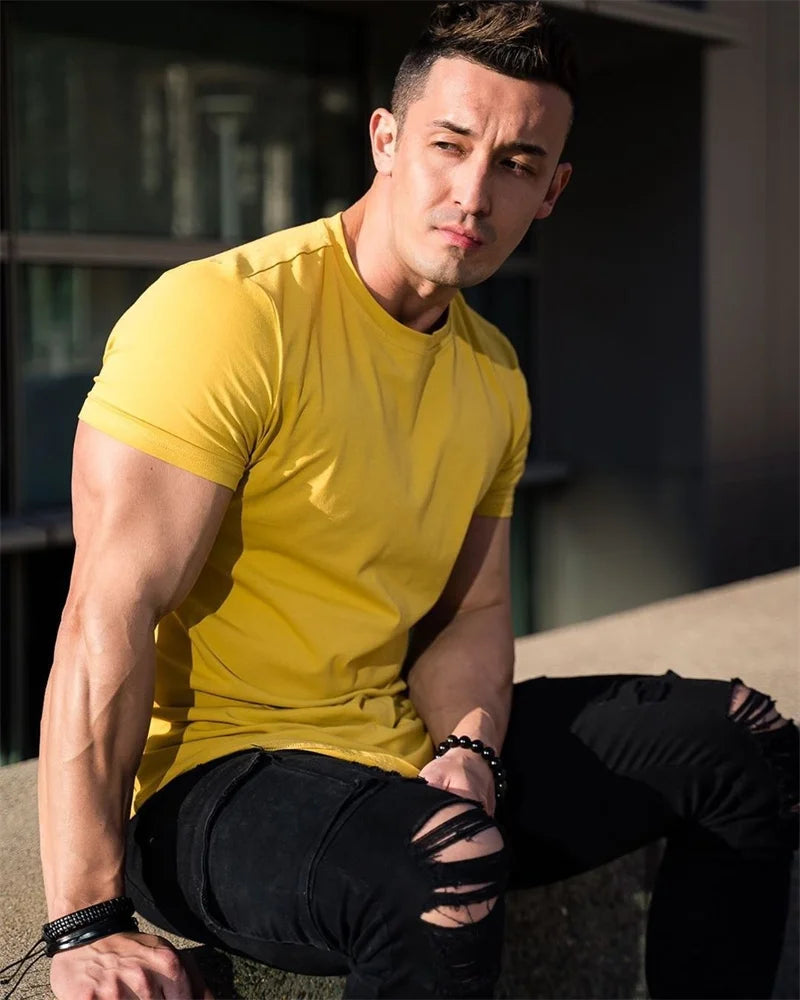 Camiseta de entrenamiento muscular, camiseta de manga corta de entrenamiento de verano para hombre, camiseta de fitness de algodón de alta calidad para hombre, camisetas de color sólido para gimnasio