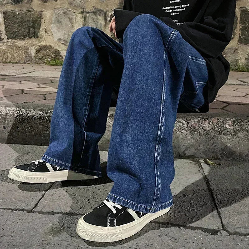 Ropa de calle de estilo coreano, nueva moda, pantalones vaqueros informales holgados para hombre, pantalones vaqueros Harajuku de calle alta, pantalones de marca para hombre, negro, gris y azul