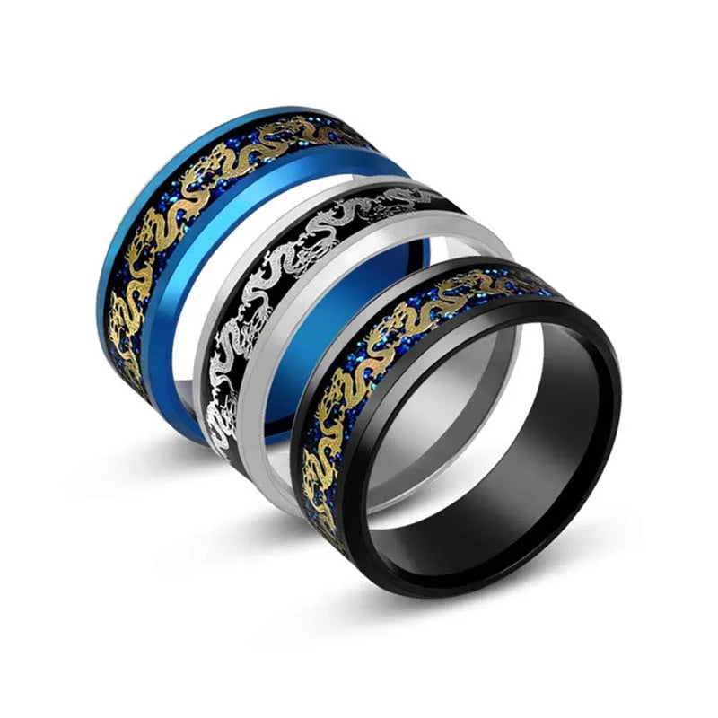 Anillos con diseño de dragón dominante de acero inoxidable de 8mm para hombres y mujeres, anillo Punk con incrustaciones de fibra de carbono azul, bagues pour femme