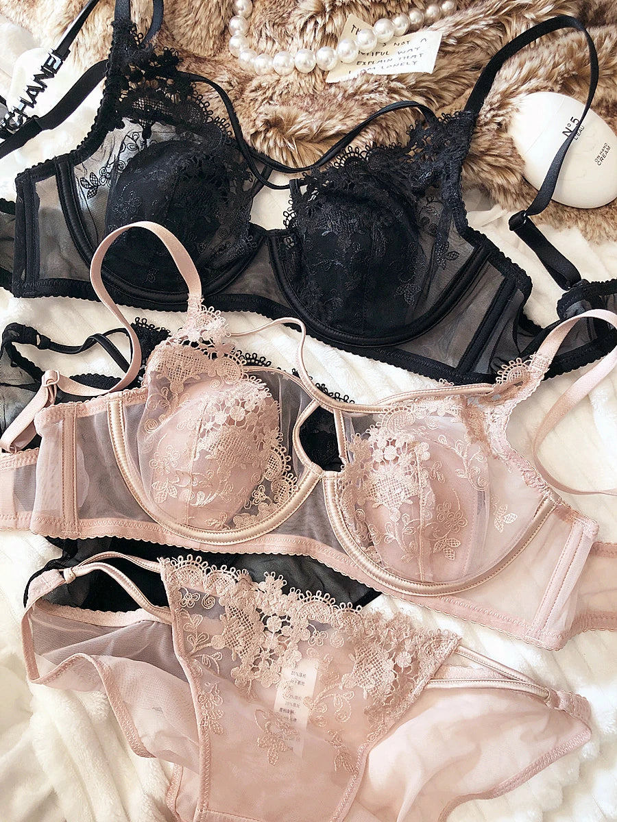 Ropa interior Sexy hueca para mujer, Conjunto de sujetador de realce con copa ultrafina francesa, bordado Floral de encaje, bragas con correa ajustable