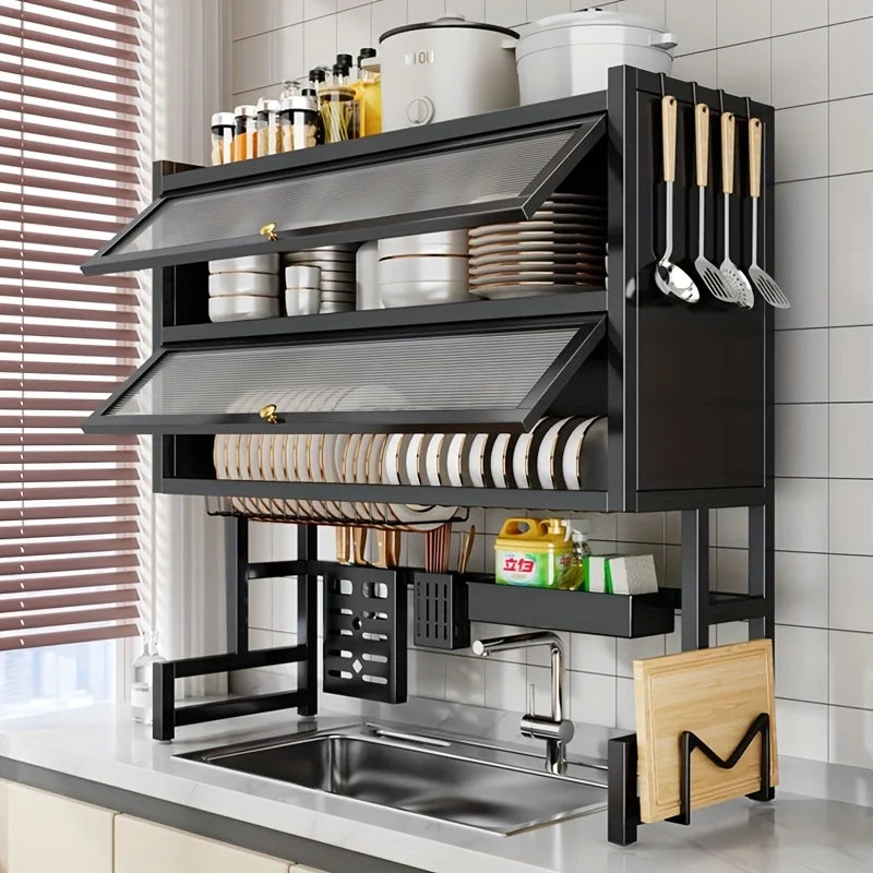 Estante para platos con soporte para utensilios para fregadero, organizador de acero al carbono a prueba de polvo para platos/cuchos/tableros de corte |     Cocina espacial