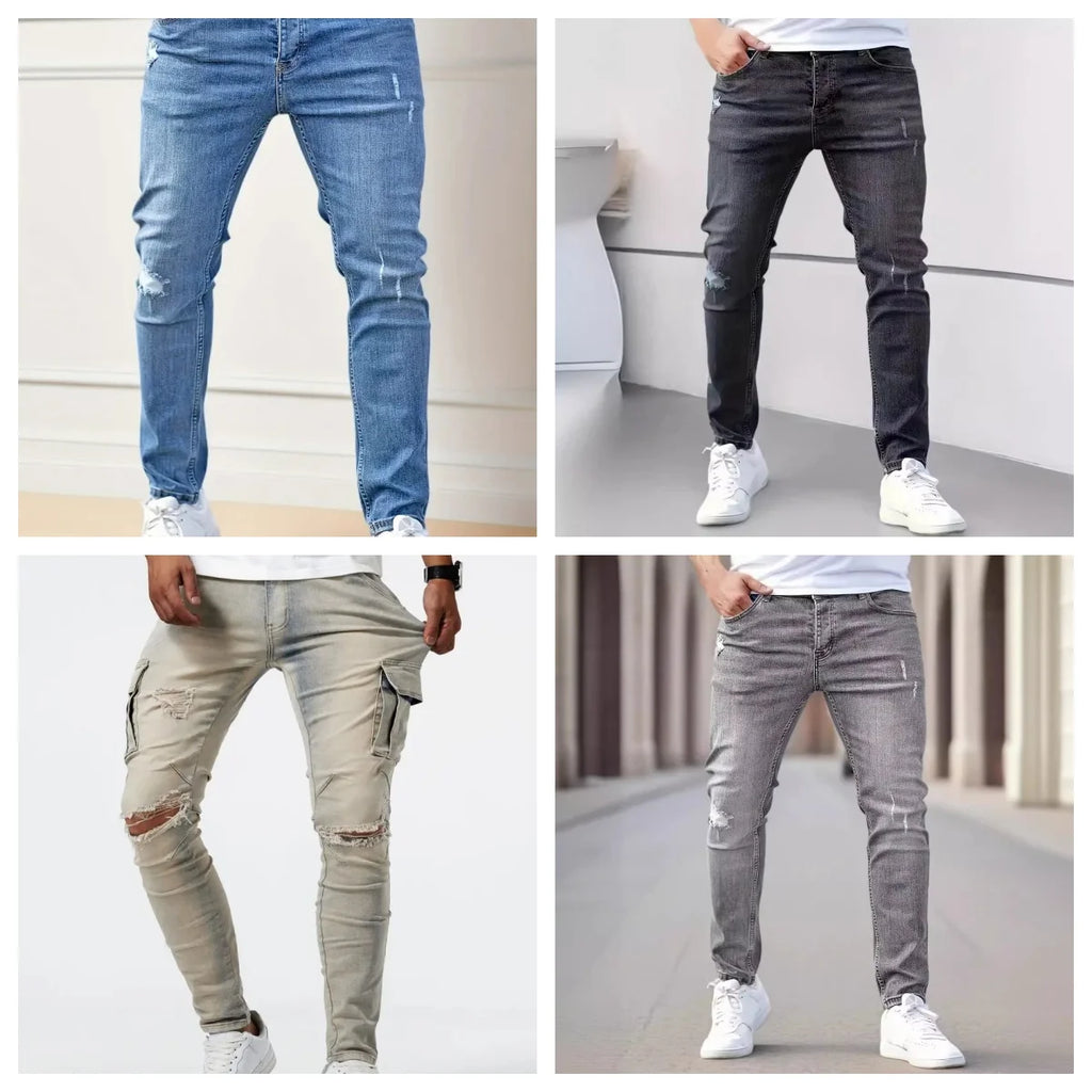 Nuevos pantalones vaqueros para hombre, pantalones elásticos ajustados, ropa de calle, pantalones vaqueros clásicos con bigotes de gato rasgados, pantalones vaqueros informales con cremallera ajustada, ropa vaquera negra bl