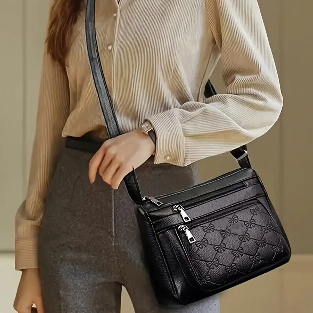 Bolso de Hombro de Moda para Mujer, de Piel Sintética, Gran Capacidad, con Múltiples Bolsillos, Estilo Mamá, Negro, Repujado, para Salidas y Fiestas