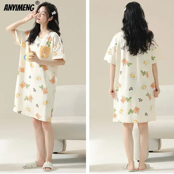 100% ALGODÓN! Camisón de verano para mujer de talla grande M-4XL, nuevo camisón antibacteriano HQ, camisón de manga corta, vestido informal