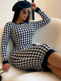 Vestido Midi de manga larga con estampado de pata de gallo para mujer, vestido ceñido calado, ropa de calle Sexy, elegante y ajustado para otoño e invierno 2022