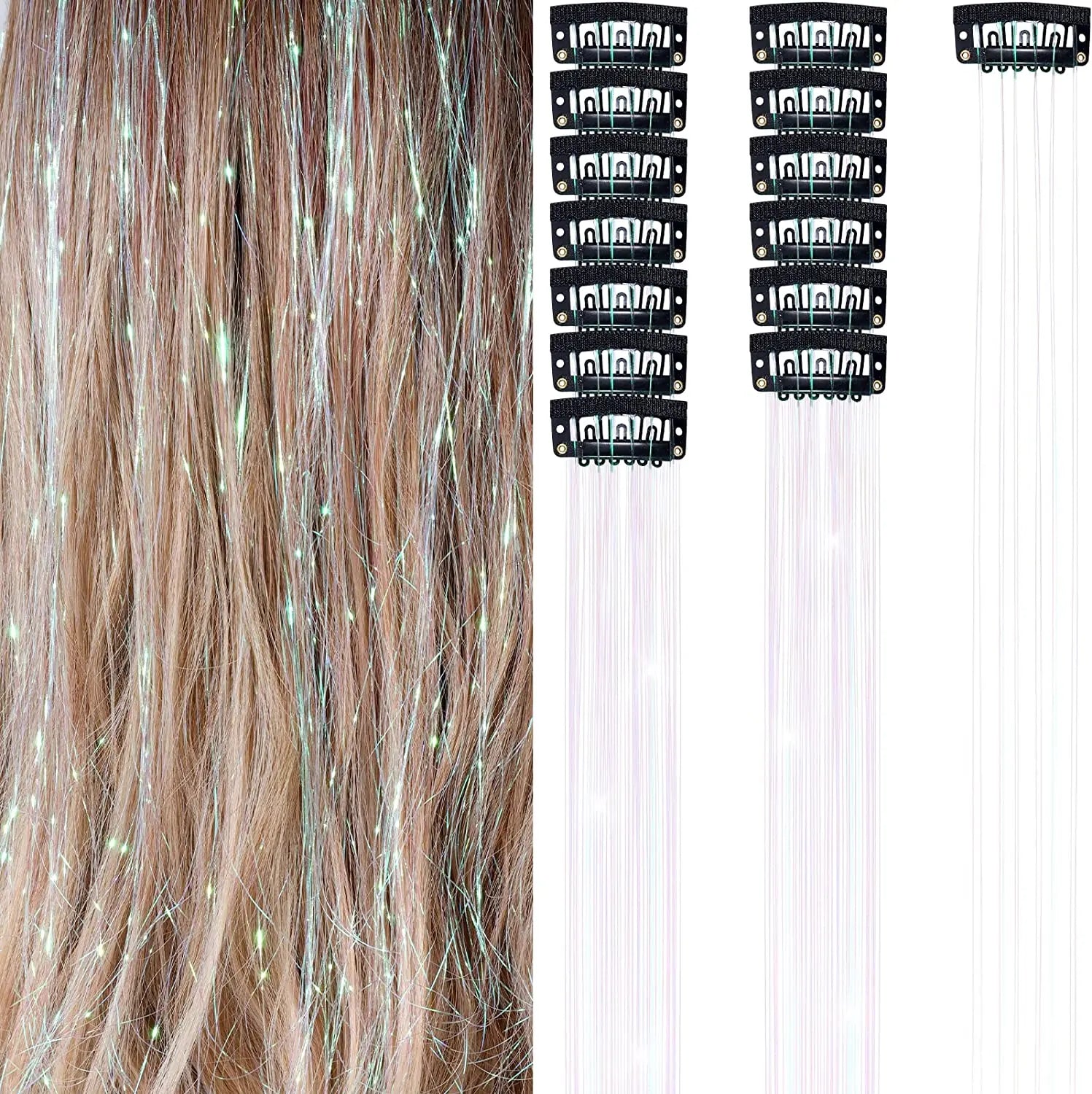 6 uds 50cm chispeantes pelo brillante oropel extensiones de cabello oropel extensiones de Clip de pelo sintético mujeres para tocado trenzado