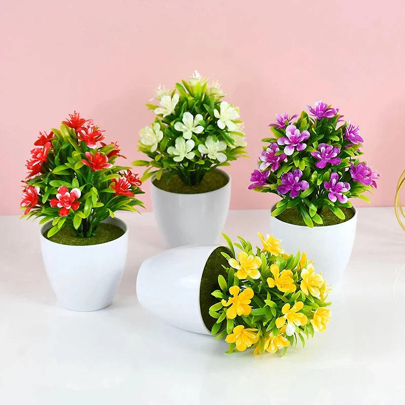 Flores Artificiales de Ciruelo de Cinco Hojas, Plantas Pequeñas en Maceta, Aptas para Interiores y Exteriores, Ideales para Decoración del Hogar y Bodas