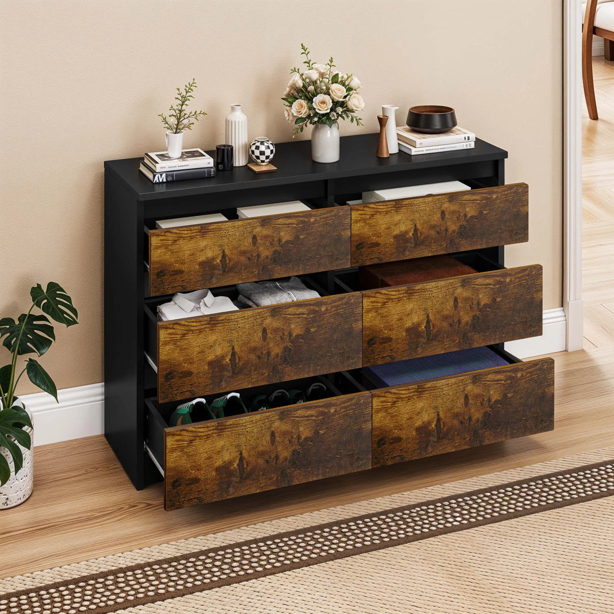 YITAHOME Cómoda de 6 cajones: moderna unidad de almacenamiento para dormitorio de 100x30x70 cm, MDF duradero y aglomerado para ropa y elementos esenciales