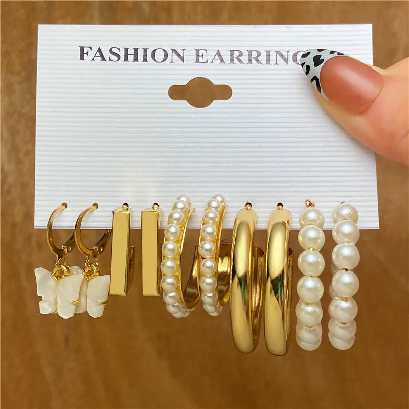 Conjunto de pendientes de aro bohemios de círculo grande para mujer, pendiente de perla Vintage bohemio de Color dorado, pendientes de circonita con forma de corazón, regalos de joyería