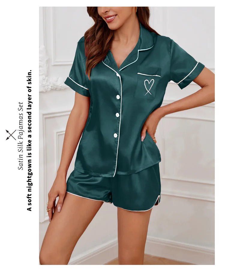 Conjunto de pijama para mujer, ropa de dormir con bolsillo bordado en forma de corazón, Top y pantalones cortos de manga corta con botones, pijama, ropa para el hogar