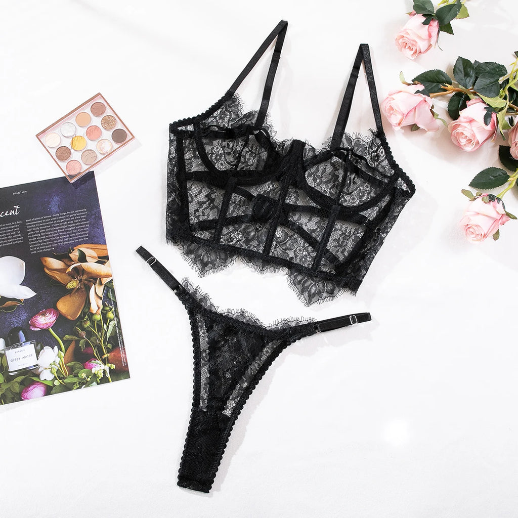 Krasapt-Lencería de encaje negro Sexy, conjuntos de dos piezas, ropa interior de encaje elegante, sujetadores y bragas eróticos, conjunto Bilizna atractivo transparente