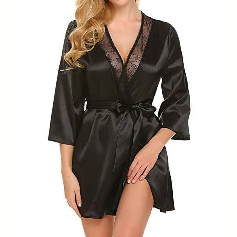 Bata de satén de encaje Sexy para mujer, ropa de dormir, camisón corto, Kimono, albornoz, lencería, camisón, vestido suave y cómodo negro de talla grande